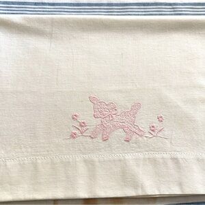 White Cotton Baby Pillowcase with Pink Embroidered Lamb